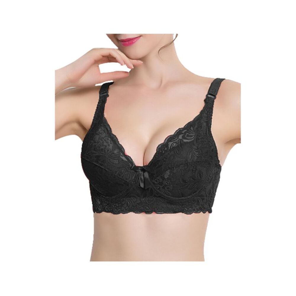 Floral Lace Cotton Cup Front Adjustable Straps Plus Size Bra Black
